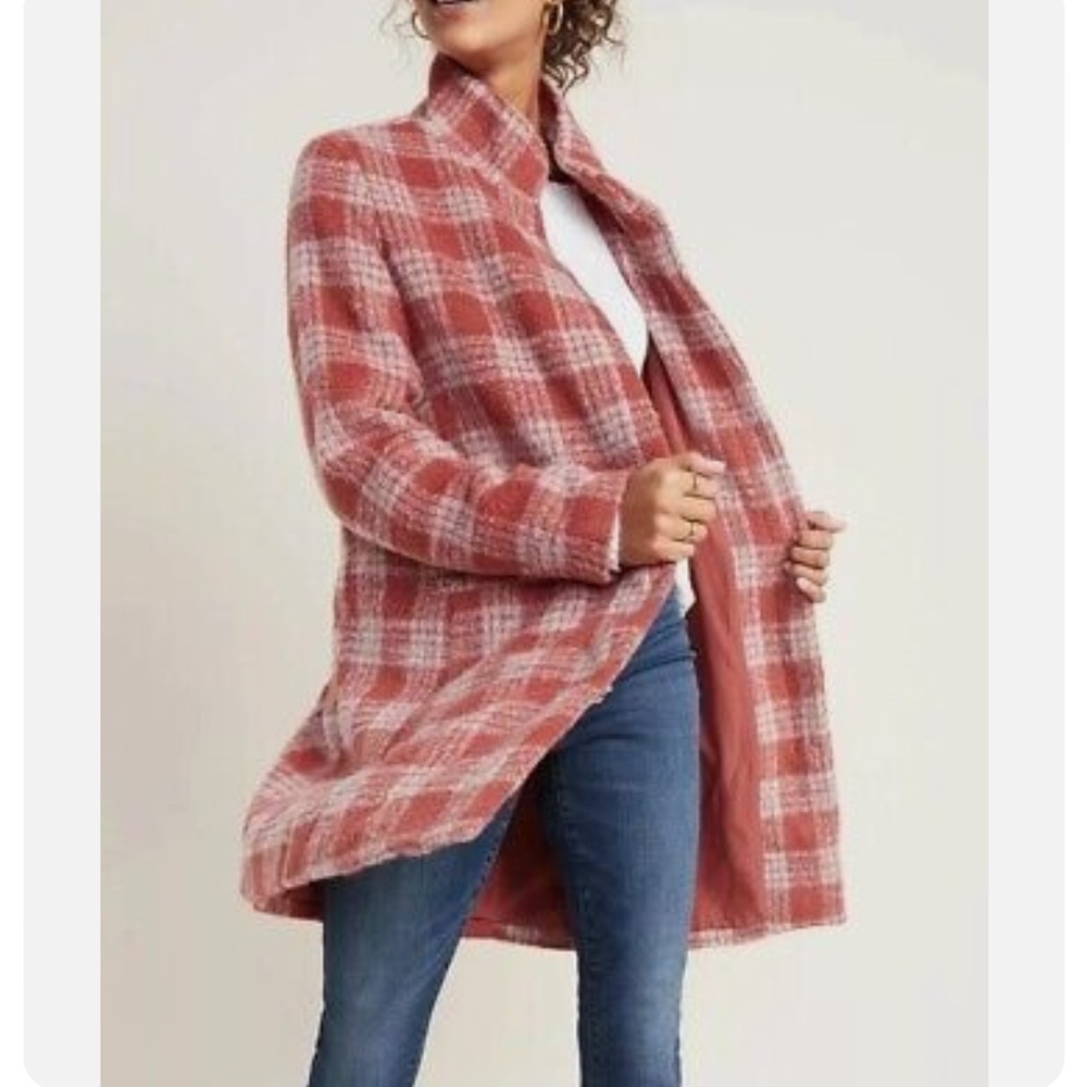 Old Navy Relaxed Funnel Neck Zip Plaid Coat Lined Salmon Pink